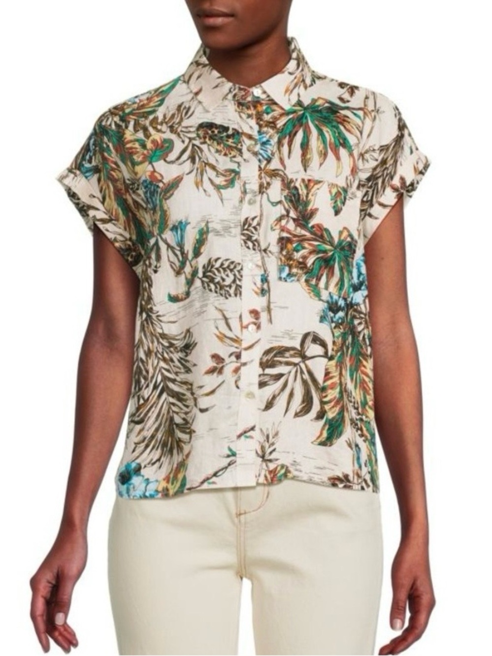 Ellie by Tahari Hawaiian Tropical Floral Button-Front Short Sleeve Blouse Linen